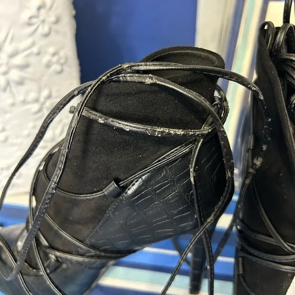 New black open croc animal print lace up high heel pointed pump boots - Picture 15 of 16